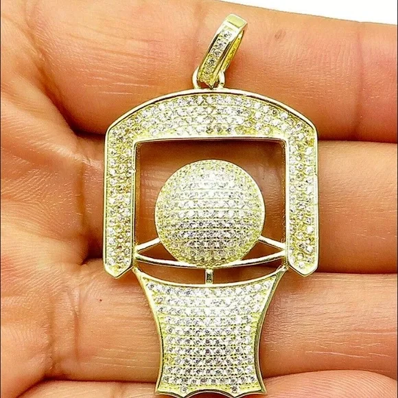 Unisex 925 Sterling Silver Topaz Encrusted Gold Plated Basketball Goal Pendant - Picture 2 of 9